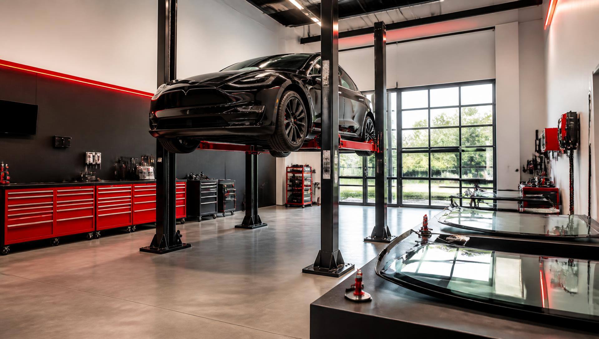 Moderne Autoglas-Werkstatt mit Hebebühne und Werkzeug